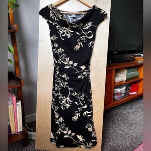 La Belle Vintage-Style Black Floral Ruched Bodycon Midi Dress S